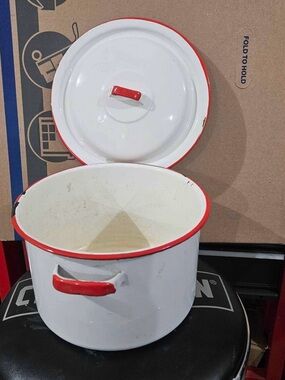 Vintage Farmhouse White and Red Enamel Stock Pot with Lid